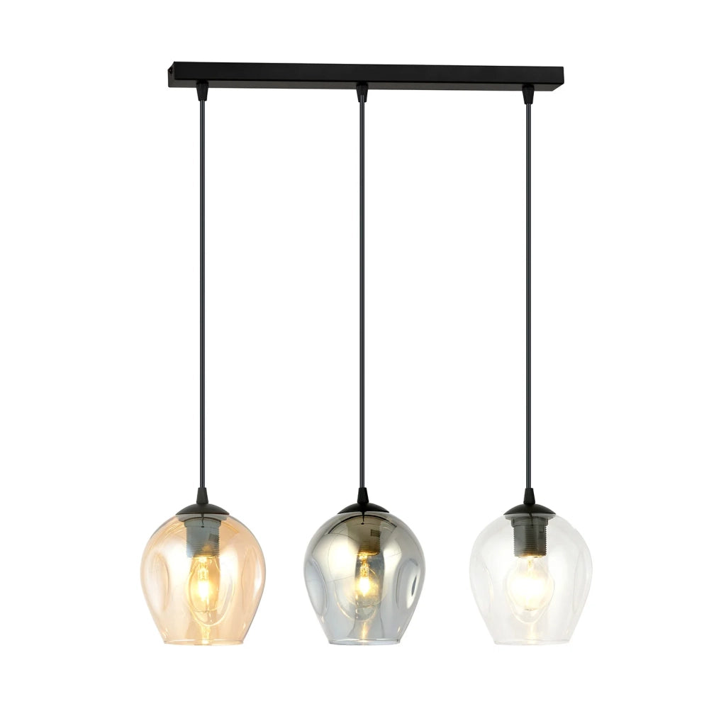 Lampadario 3 Luci Fuxi In Acciaio Nero E Vetri Ambra, Trasparente E Fumè