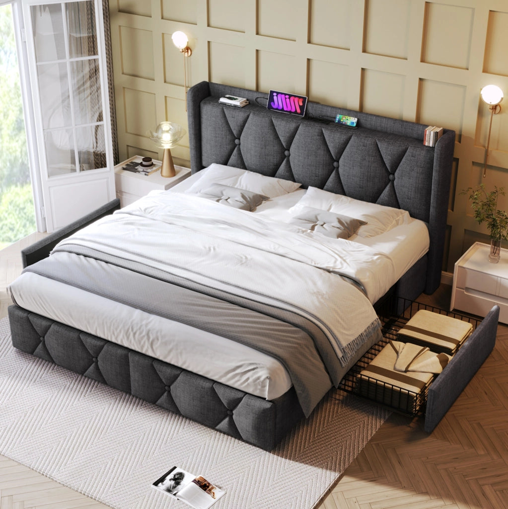 Letto matrimoniale 140x200 cm con 4 cassetti e ricarica USB