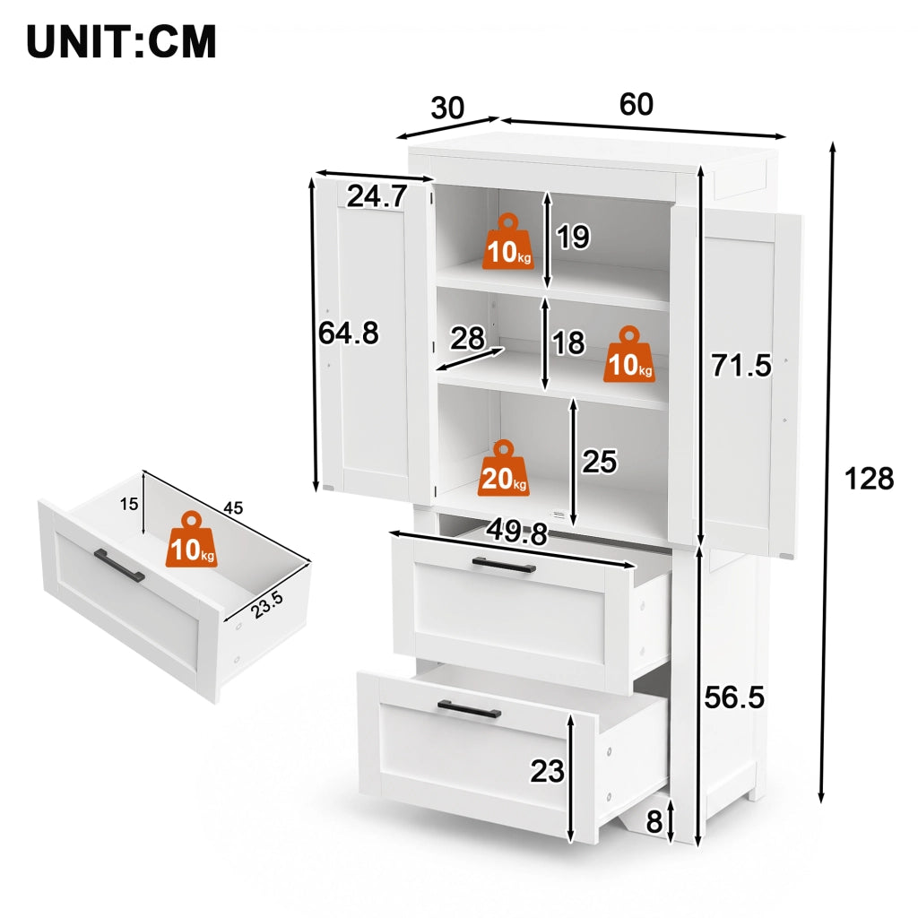 Mobile contenitore con 2 cassetti e ripiani regolabili, stile rustico, per cucina sala da pranzo e soggiorno, bianco