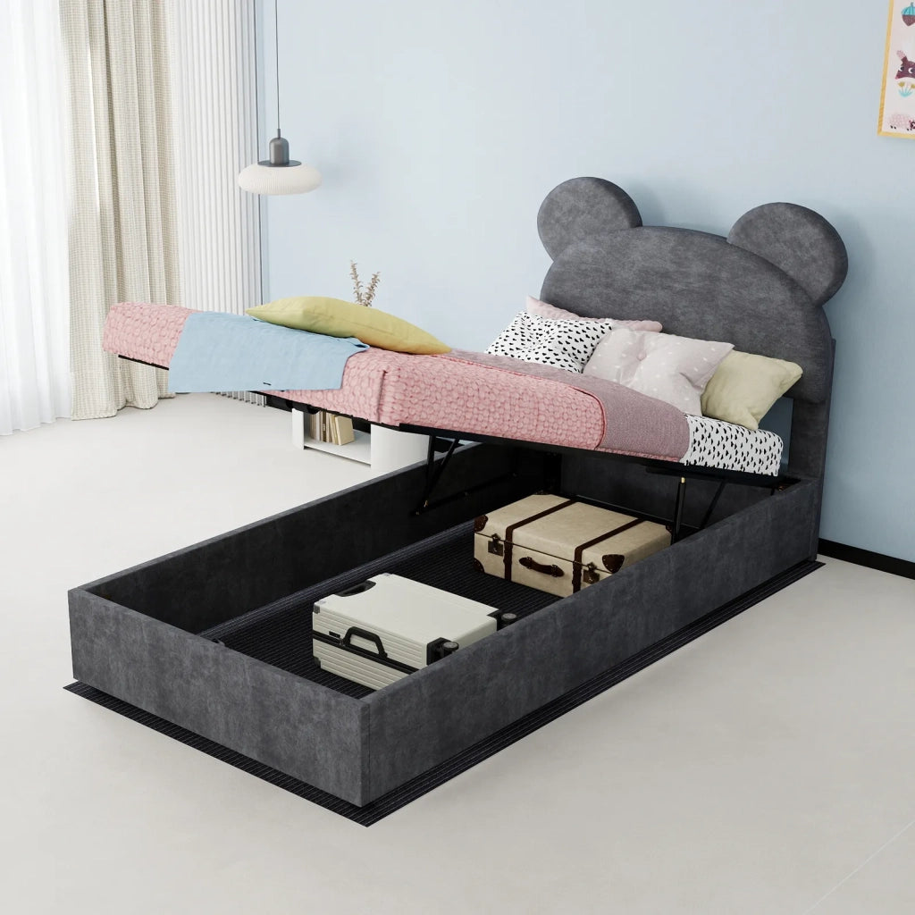 Letto imbottito minimalista con testiera morbida a forma di cartone animato, 90x200 cm, grigio, base rialzata multifunzione con sollevatore a gas. Materasso non incluso.