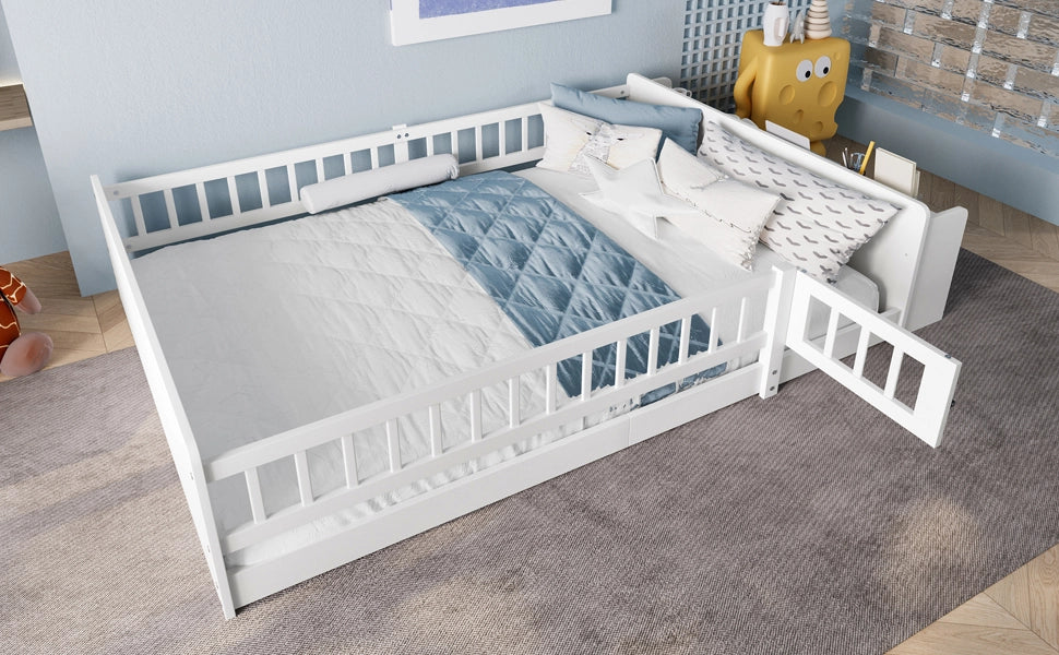 DESMIU Letto Bambino 140 × 190 cm 2 Posti con Vani Aperti, Ripiani e Sponda Apribile, Senza Materasso