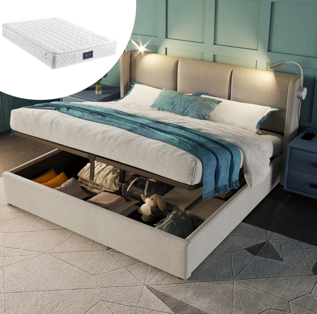 Letto matrimoniale imbottito 160x200 cm con contenitore; luce da lettura e USB; beige