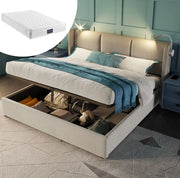 Letto matrimoniale imbottito 160x200 cm con contenitore; luce da lettura e USB; beige