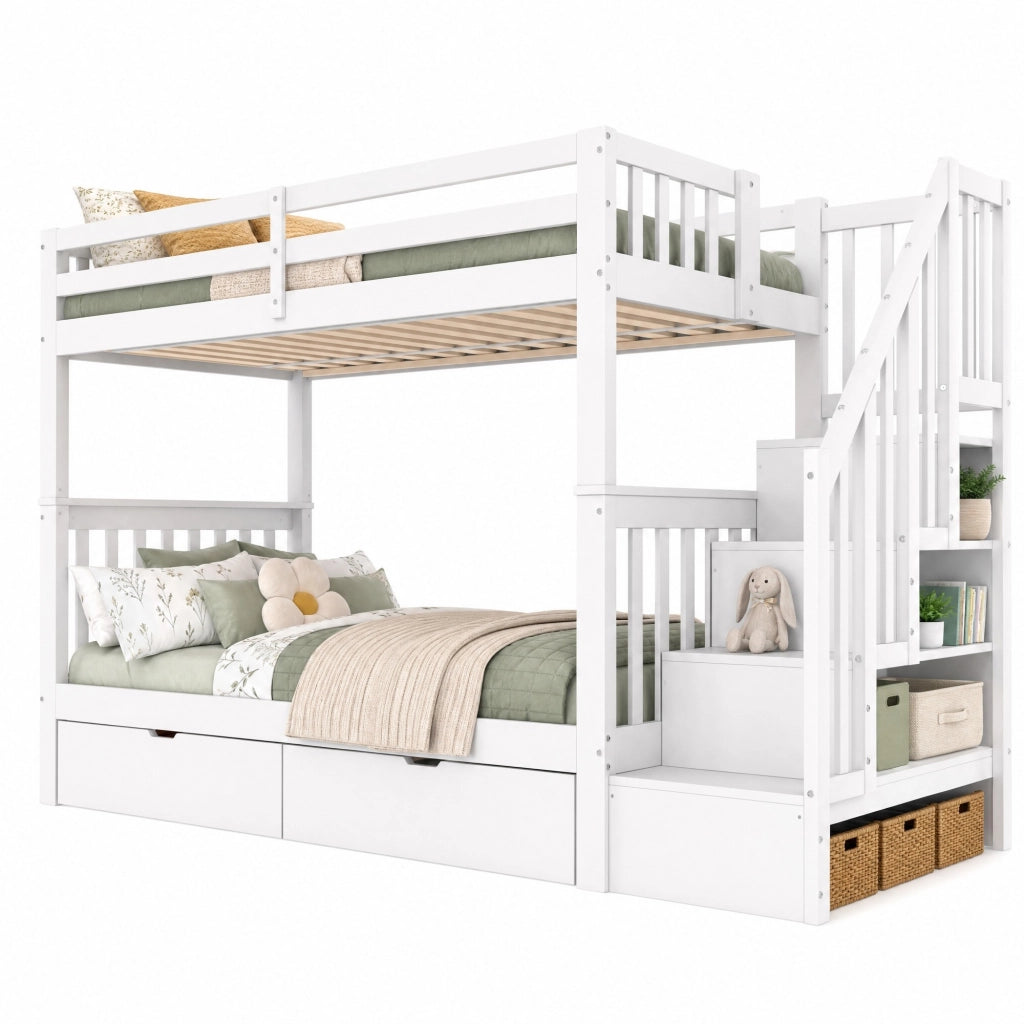 LETTO a castello con scala e 2 cassetti 90x200 cm in pino e MDF bianco