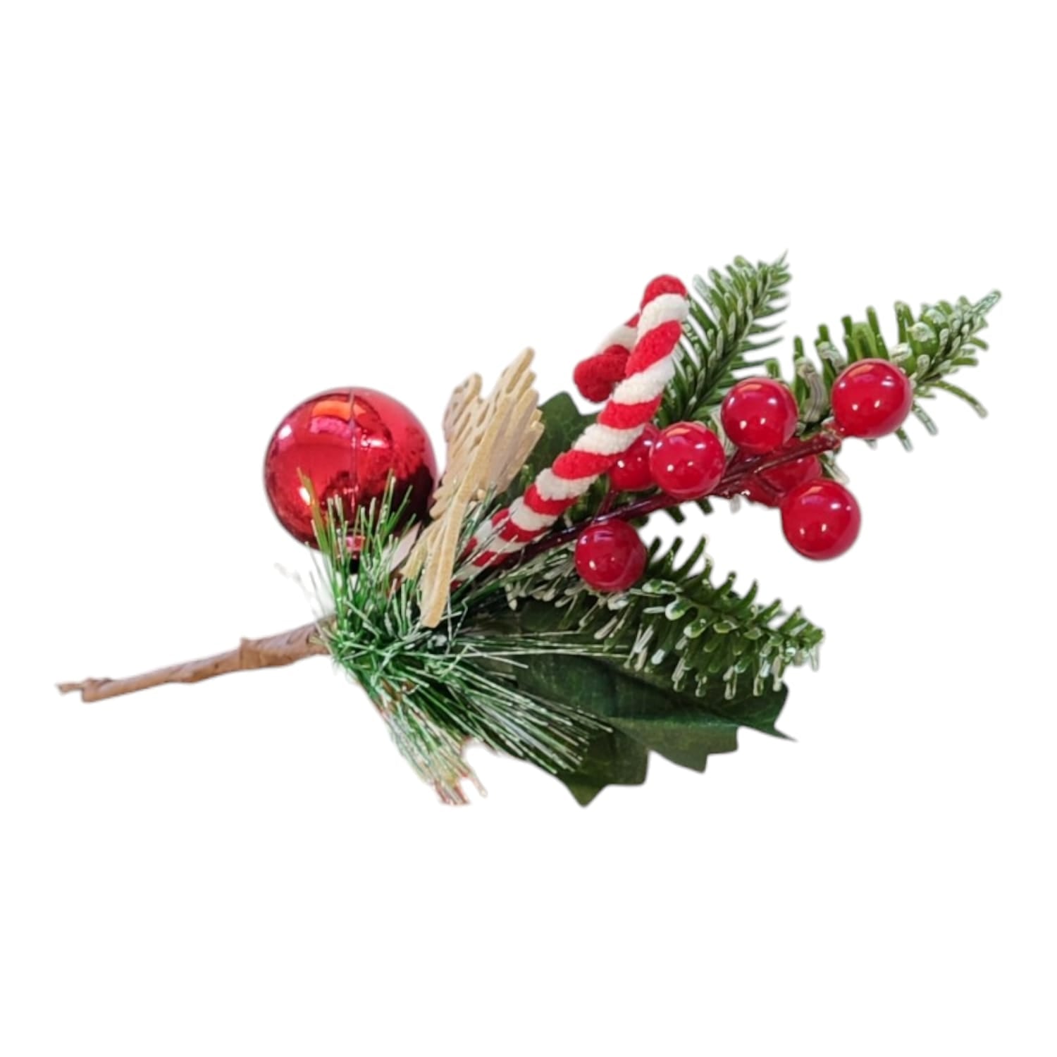 Ramo Natalizio 26cm con Bacche, Pallina, Bastoncino Candy e Scritta Merry Christmas