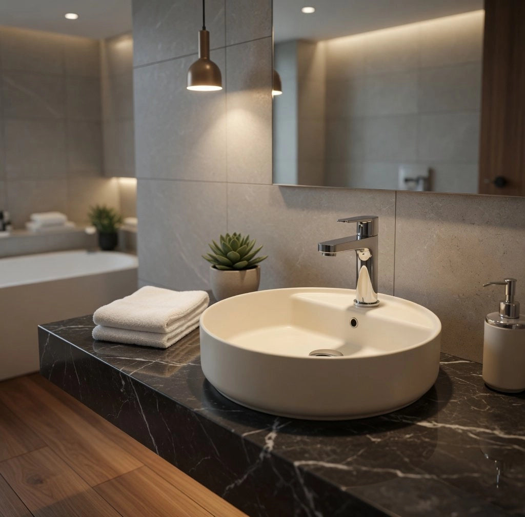 Lavabo tondo da appoggio senza troppo pieno in ceramica con foro rubinetto - Avorio Opaco