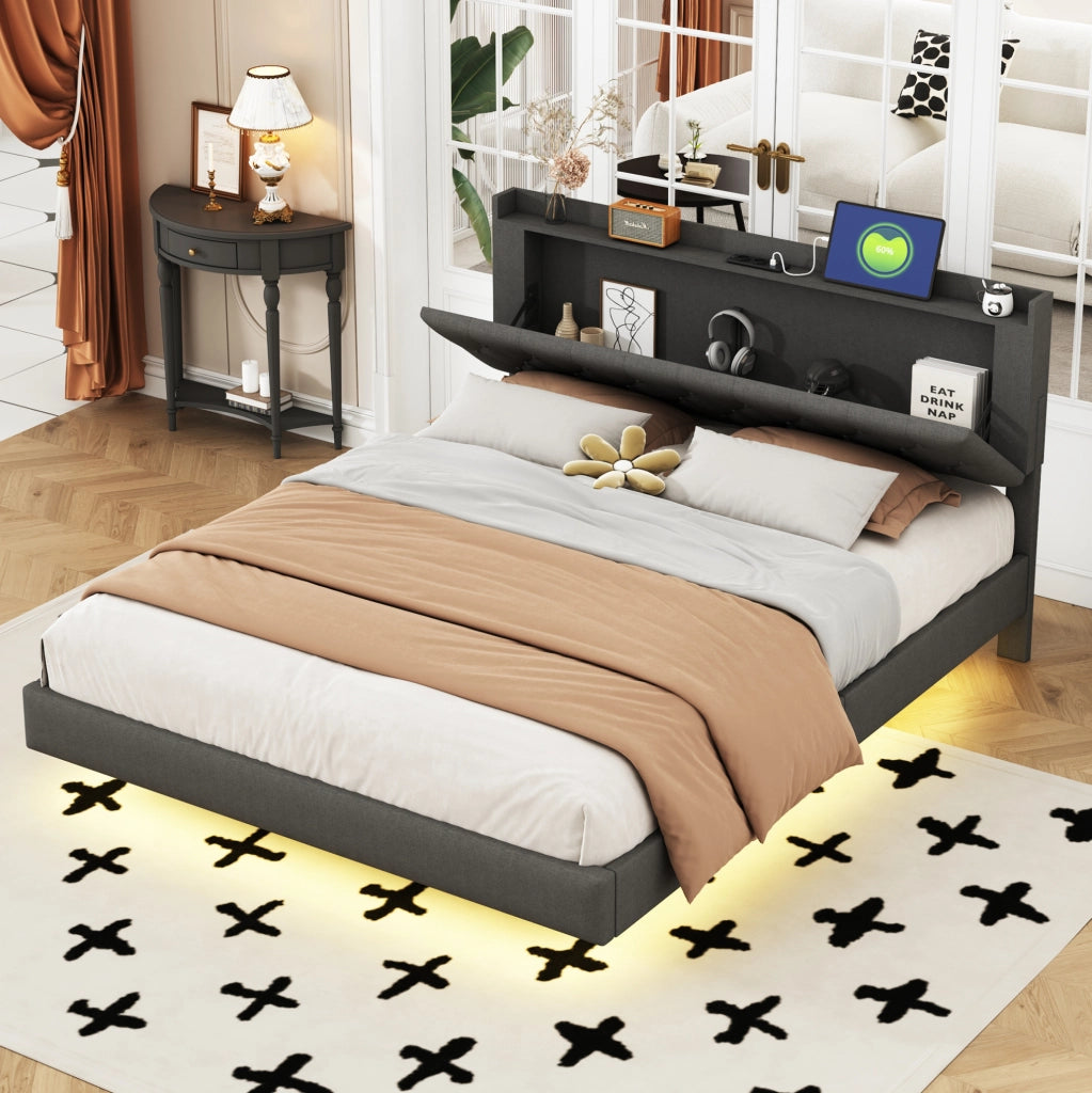 Letto imbottito matrimoniale 160x200 cm con LED a colori variabili; porta USB; contenitore; grigio
