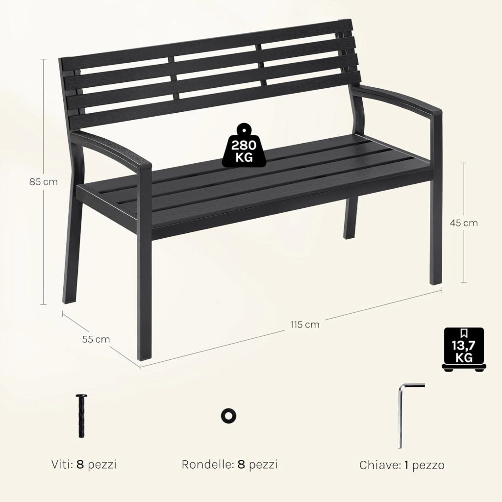 Panca da Giardino 115x55x85 cm, Panchina da Esterno con Schienale e Braccioli, 2-3 Posti, Struttura in Metallo, Resistente alle Intemperie, Portata 280 kg, per Cortile, Terrazza, Prato, Nero