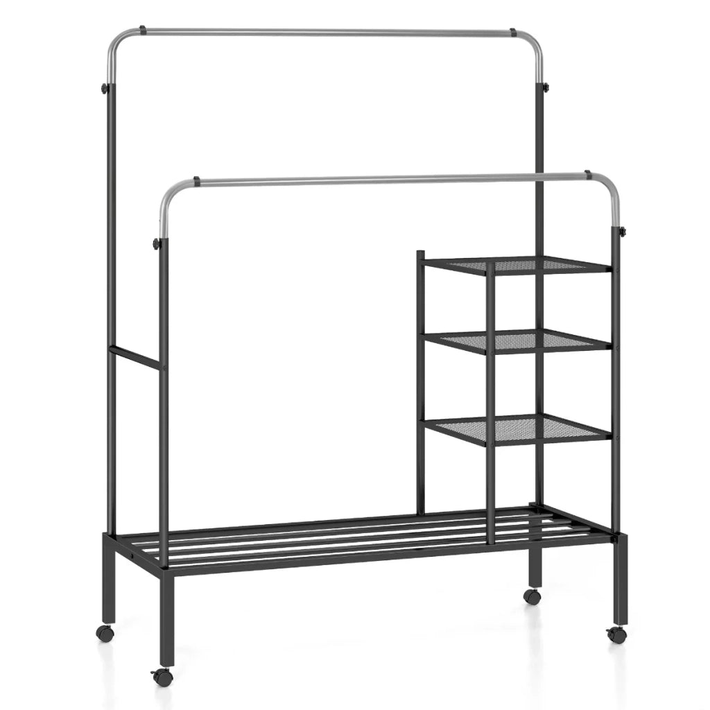 Stendibiancheria con ruote 135 x 54 x 164/170 cm con barre appendiabiti regolabili pratico contenitore in acciaio al carbonio color argento 20_0013734