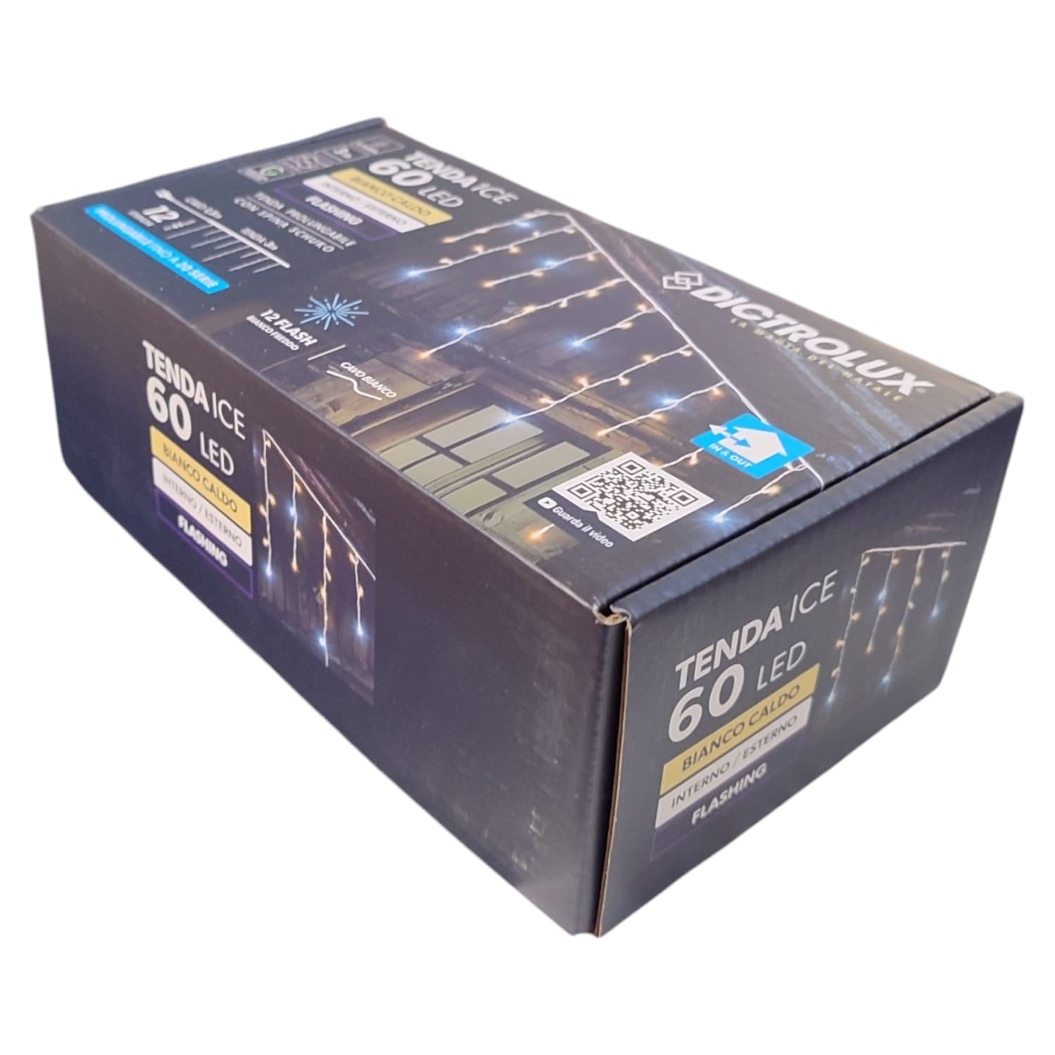 Tenda Luminosa 60 LED Bianco Caldo con 12 Flash Freddi 3m Esterno Prolungabile IP44 – Cavo Bianco