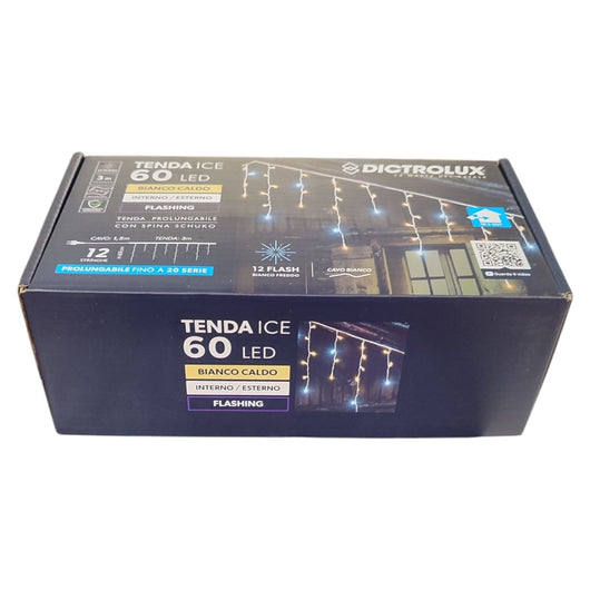 Tenda Luminosa 60 LED Bianco Caldo con 12 Flash Freddi 3m Esterno Prolungabile IP44 – Cavo Bianco