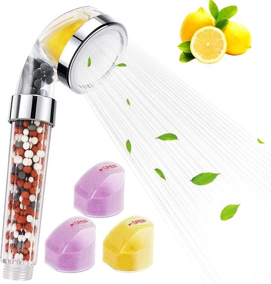Douchetta con Testa di Doccia con Vitamina C/E e Filtrazione - Inclusa la Scatola con 3 Tipi di Sferette di Ioni Negativi