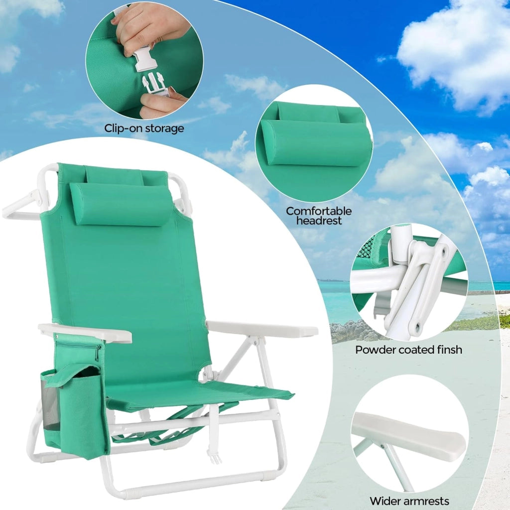 Sedia da Spiaggia Pieghevole, Leggera, Confezione da 2, Sedia Pieghevole Portatile a Zaino, Sedia da Campeggio, Reclinabile, Capacità di Carico fino a 150 kg, Sedia Pieghevole da Esterni