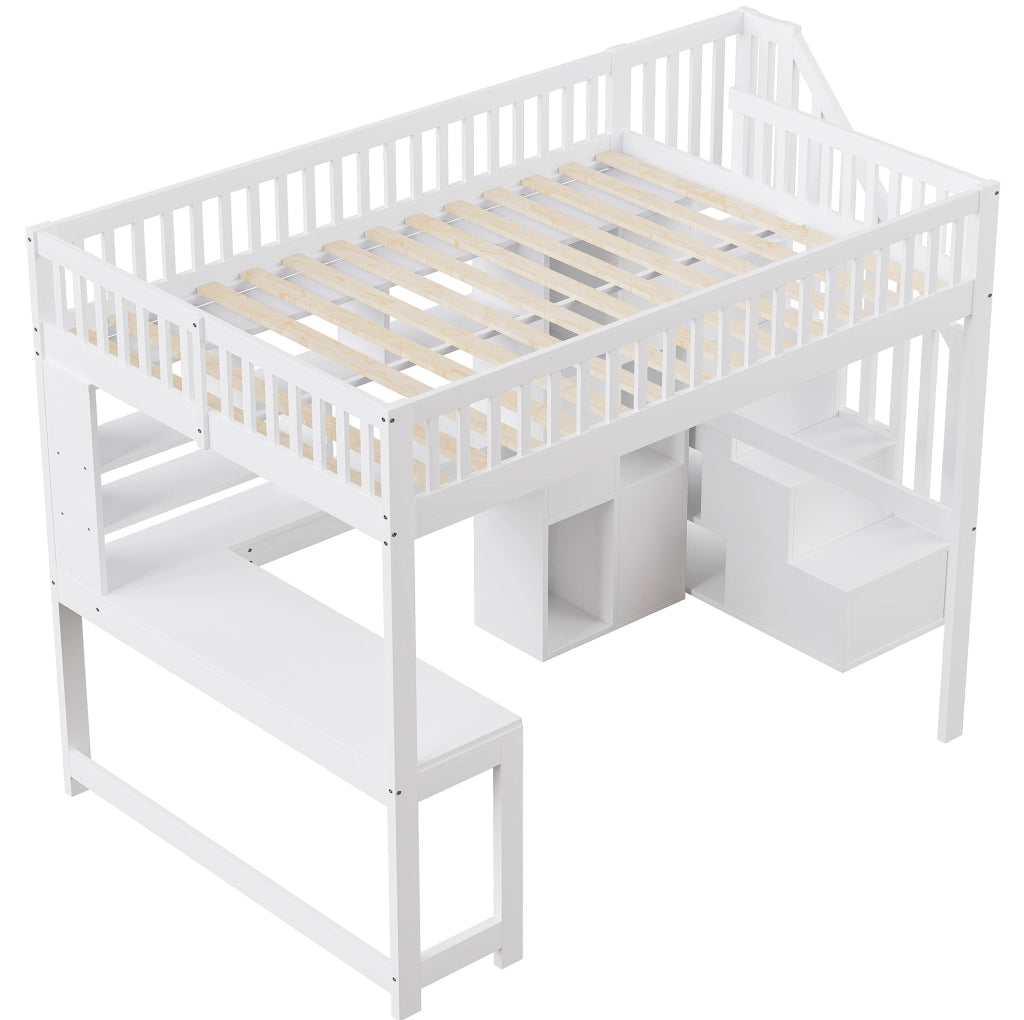 Letto a soppalco 140x200 cm con LED; scala contenitore; ripiani e scrivania; bianco