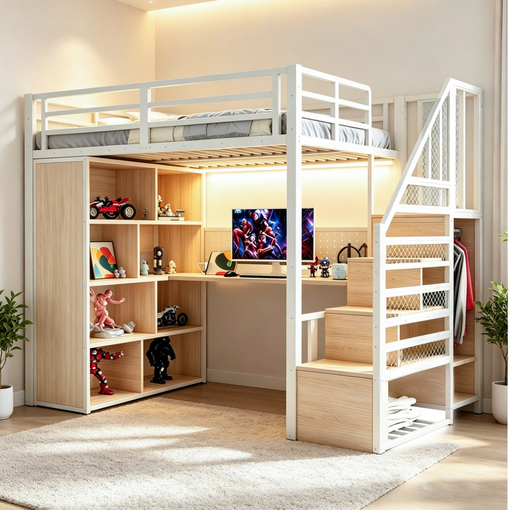 Letto a soppalco 90x200 cm bianco in metallo e MDF con scrivania e armadio