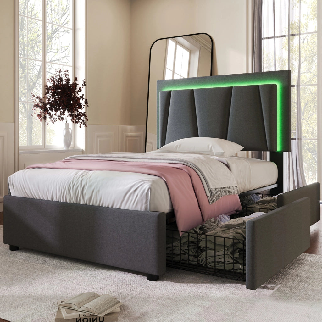 Letto singolo imbottito 90x200 cm con LED, 2 cassetti, testiera regolabile e materasso incluso