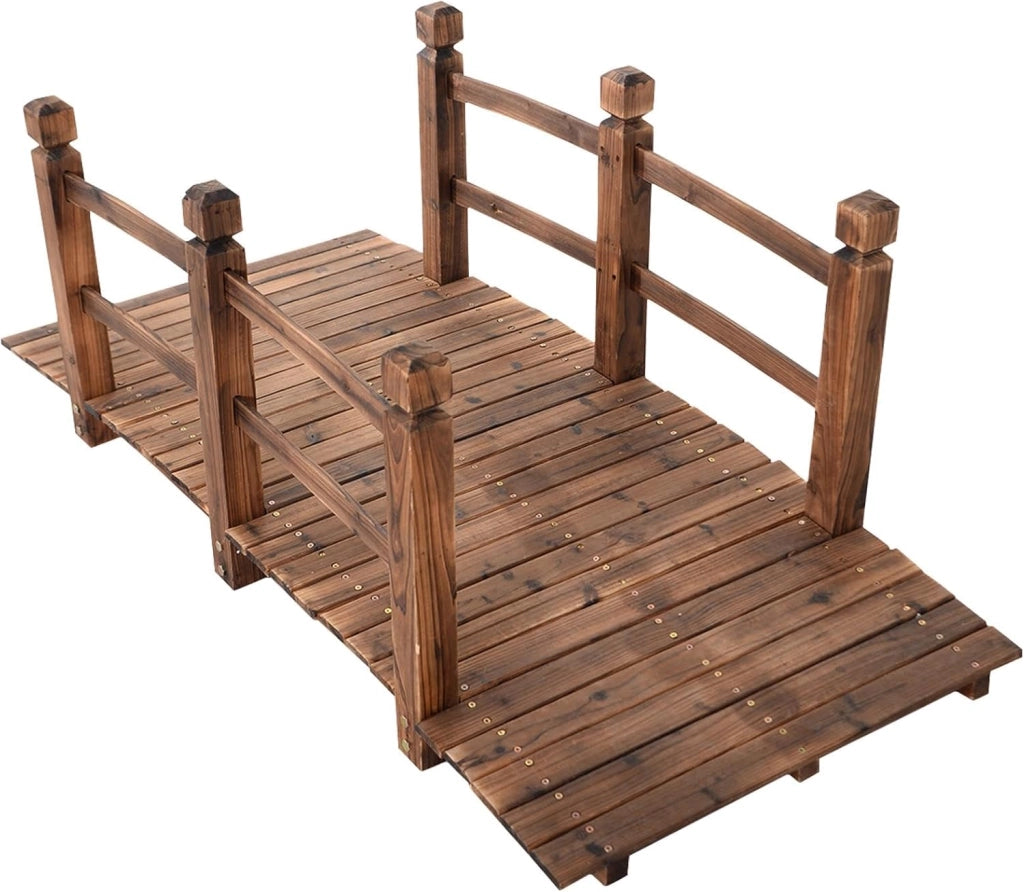 Ponte da Giardino in Legno di Abete Carbonizzato con Ringhiere, Ponticello Grande Calpestabile per Giardino e Stagno Portata 150 kg, 172 × 76 × 58 cm, Marrone