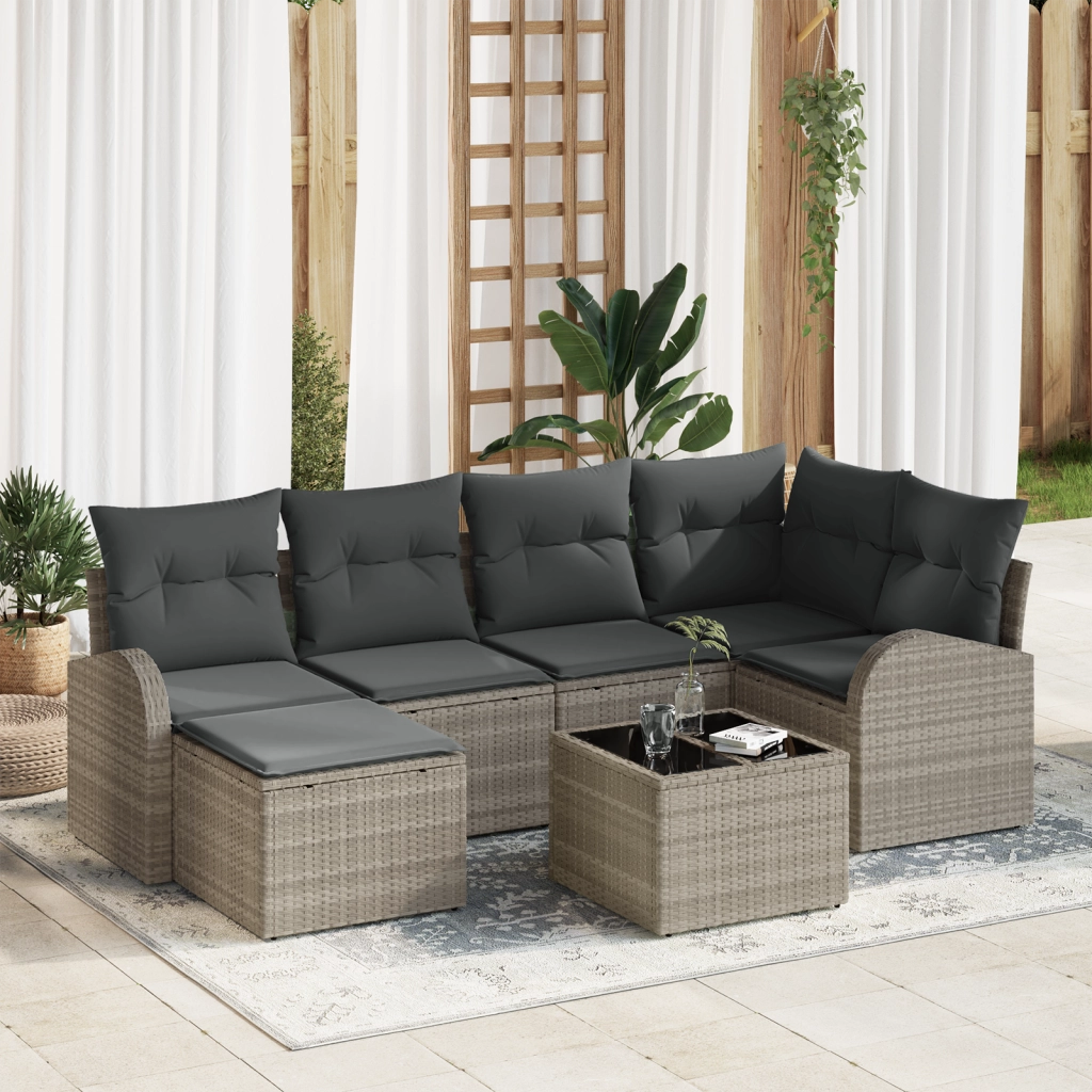 Set divano giardino 7 pezzi con cuscini grigi in polirattan