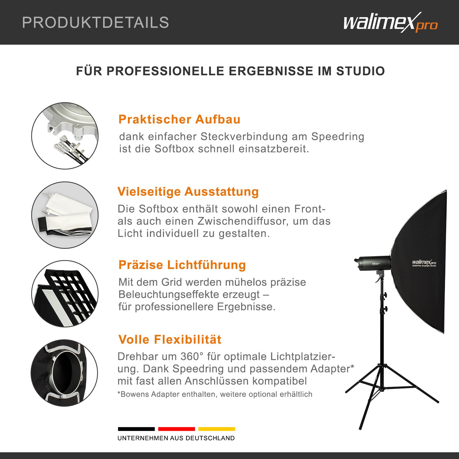 Essential Striplight Softbox 30x120cm, ruotabile a 360°, facile da montare, con griglia, adattatore Bowens e borsa per il trasporto, ideale per la fotografia di prodotti e persone