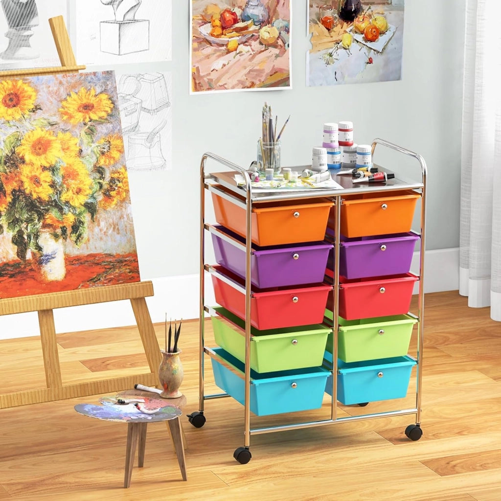 Carrello con 10 cassetti, impilabile, carrello per cassetti, carrello da cucina con ruote bloccabili, carrello per cucina, bagno, ufficio, 65,5 x 37 x 87 cm, colorato