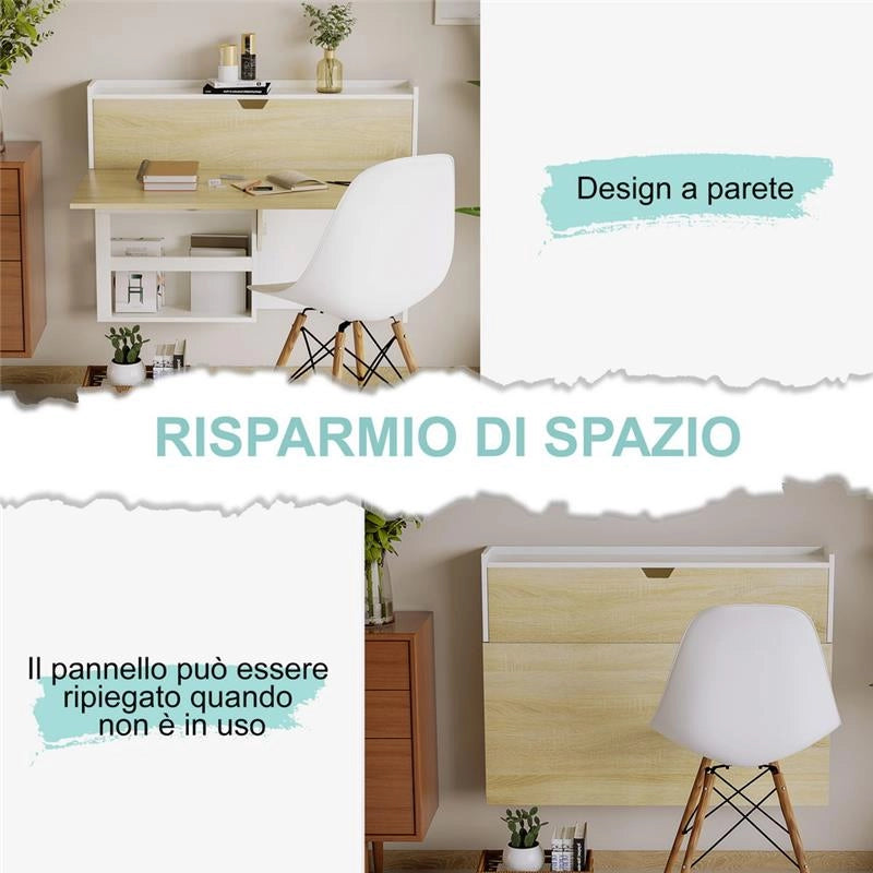 SCRIVANIA A MURO PIEGHEVOLE E SALVASPAZIO CON RIPIANI, PER CASA E UFFICIO, IN TRUCIOLATO, 100X18X74 CM