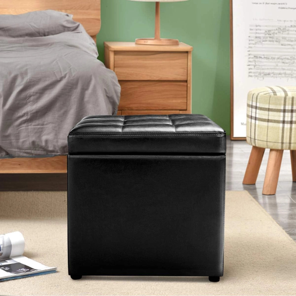 Pouf Cubo Poggiapiedi, Sgabello Quadrato Contenitore, Ottomana con Coperchio, con Vano Portaoggetti, Piedini Antiscivolo, Portata di 300 kg, 40 x 40 x 40 cm, Nero/Marrone/Bianco