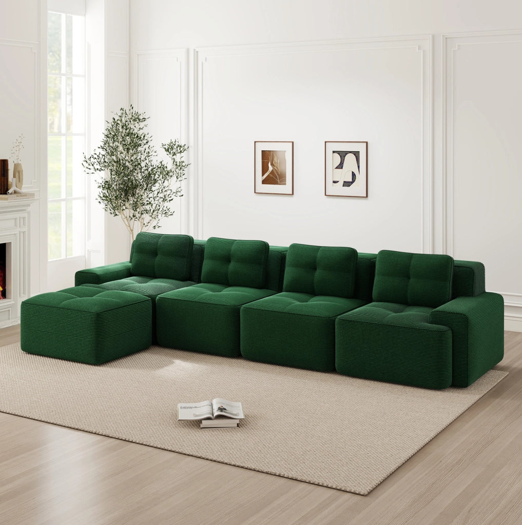 Divano modulare 4 posti con chaise longue a L; senza montaggio; in velluto a coste verde