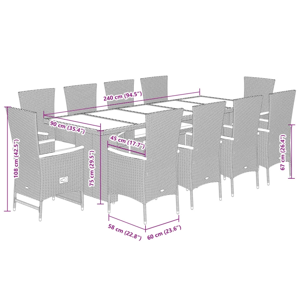 Set da Pranzo da Giardino 11pz con Cuscini in Polyrattan Grigio 3277551