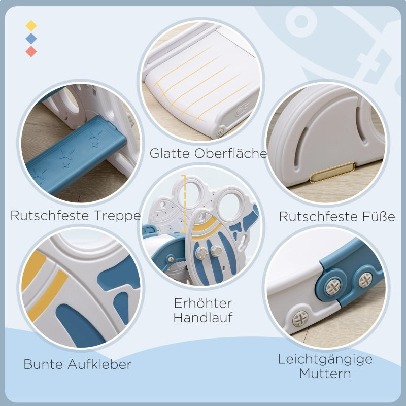 Scivolo per bambini da 1,5 a 3 anni, design a razzo, set di adesivi, blu, 157 x 46,5 x 80 cm