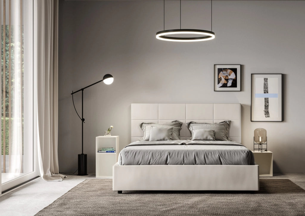 BS COM Letto matrimoniale contenitore doppia alzata imbottito 160x210 similpelle bianco