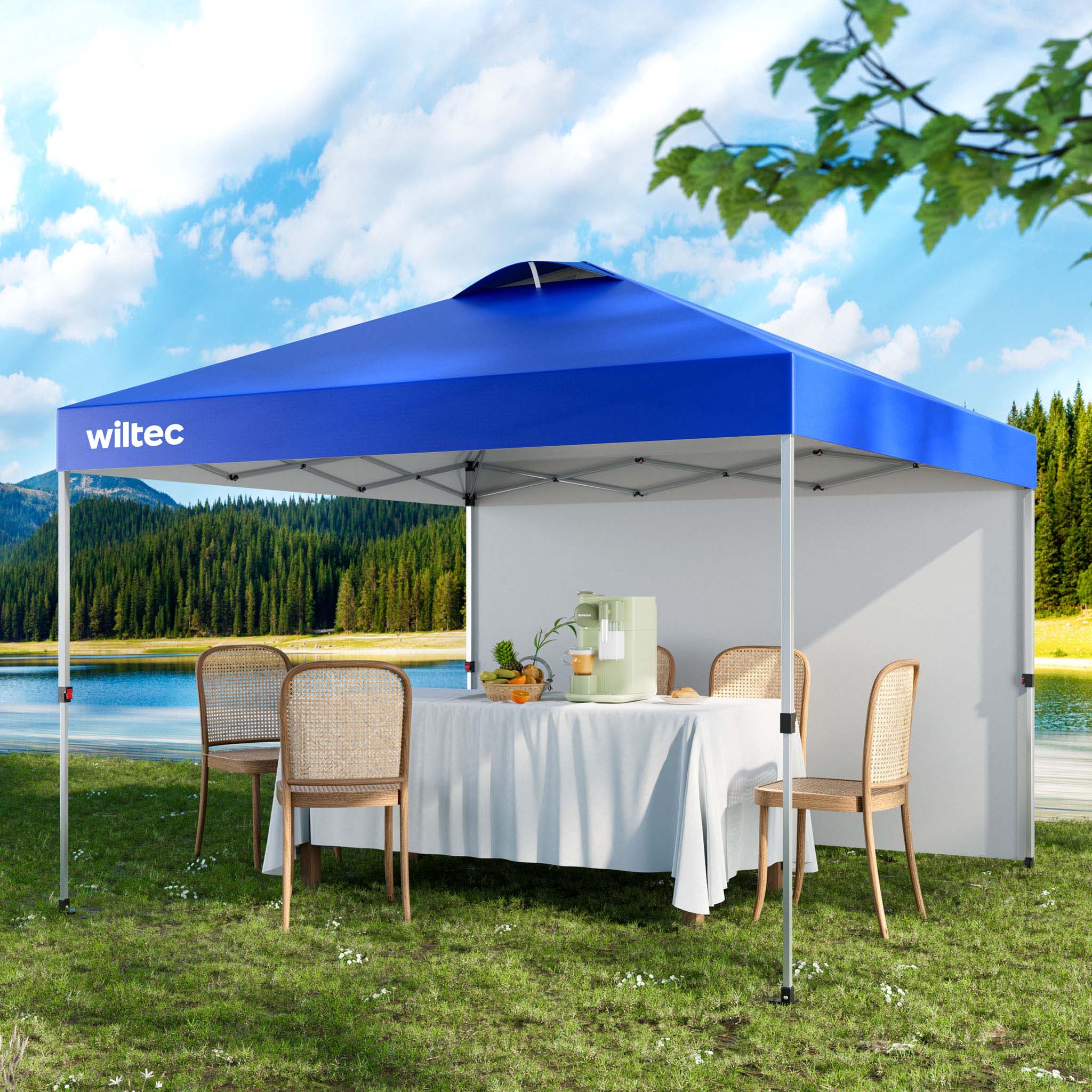 Gazebo pieghevole pop-up blu, 3 x 3 m con parete laterale e ruote