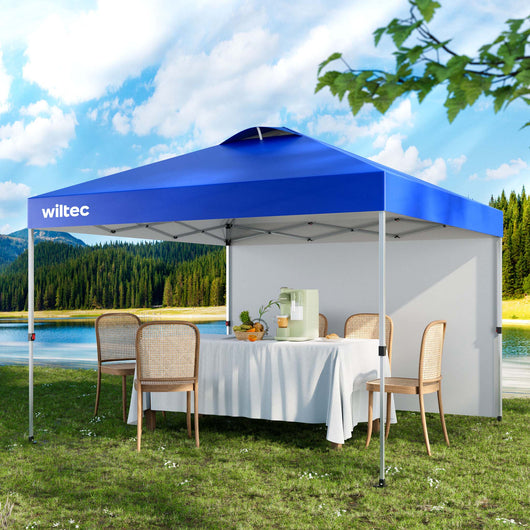 Gazebo pieghevole pop-up blu, 3 x 3 m con parete laterale e ruote