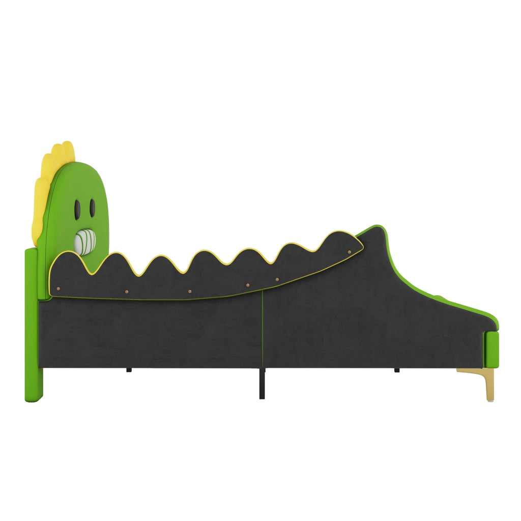 Letto basso per bambini verde con forma di dinosauro in PU 140x200 cm