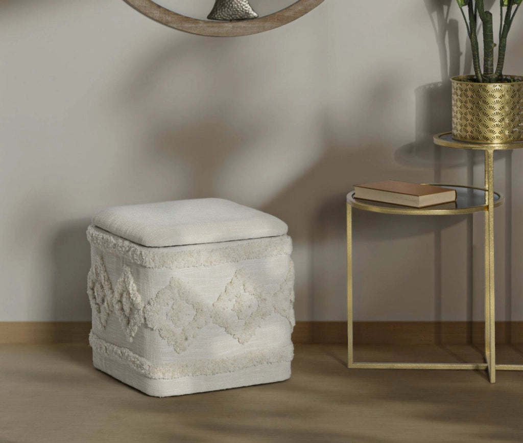 Pouf contenitore Jarrar, Baule contenitore, Supporto per divano, Poggiapiedi con box, Bianco, 40x40 h40 cm