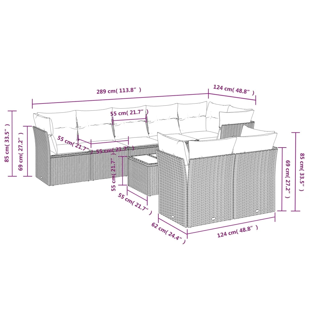 Set Divano da Giardino 9 pz con Cuscini Grigio in Polyrattan