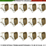 Sirena Esponenziale Magnetodinamico 15 Pezzi Acustica 110 dB Potenza 30 W Bitonale A/B 1500 +/- 4000 Hz Alimentazione 12 Vcc Due Fili Polarizzati Staffa Fissaggio Assorbimento 1 A Contenitore ABS IP65