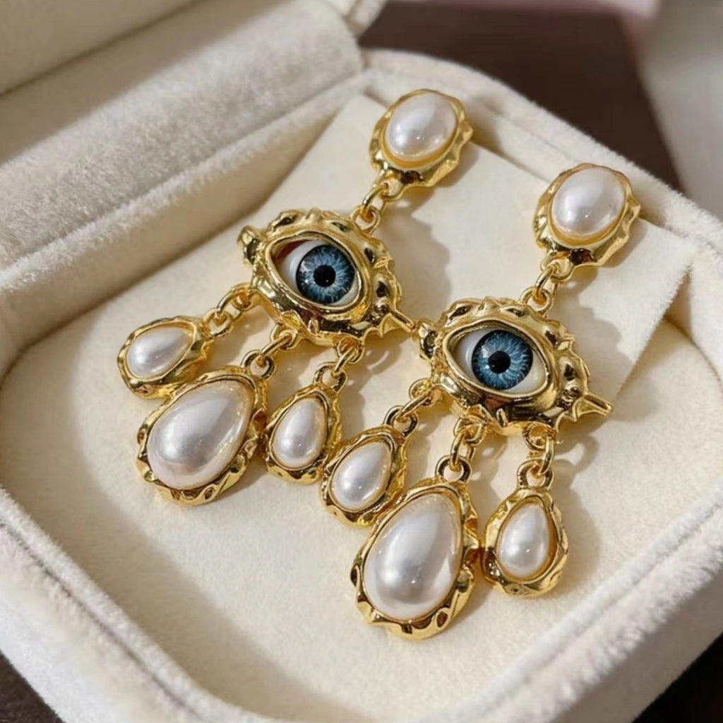 Orecchini lunghi retr¨° con occhi azzurri esagerati, orecchini a goccia di perle alla moda, aghi in argento S925