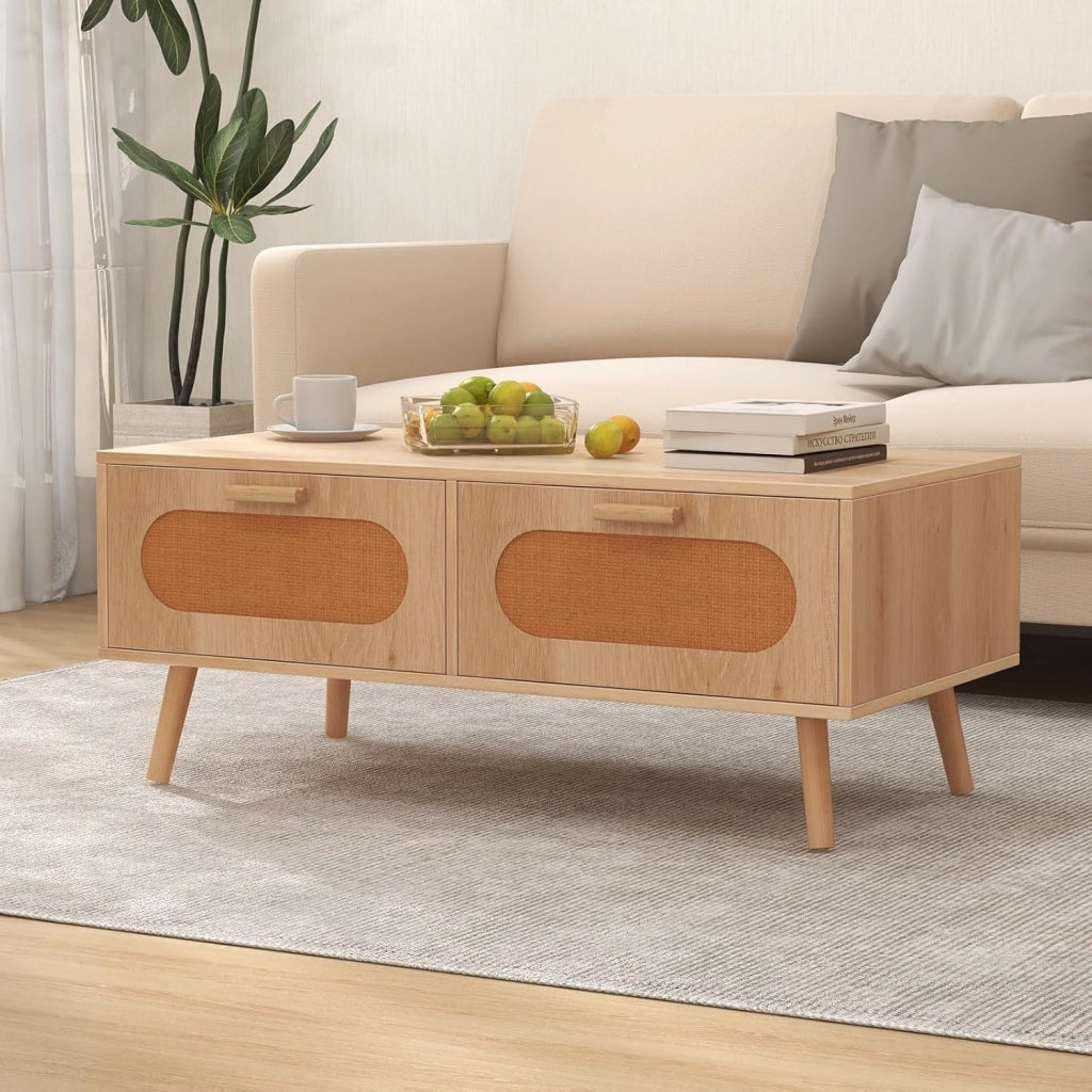 Tavolino da Caffè in Rattan, Tavolino Moderno con 2 Cassetti e Compartimento Posteriore e Gambe in Legno Massello, Tavolo Rettangolare da Salotto e Ufficio