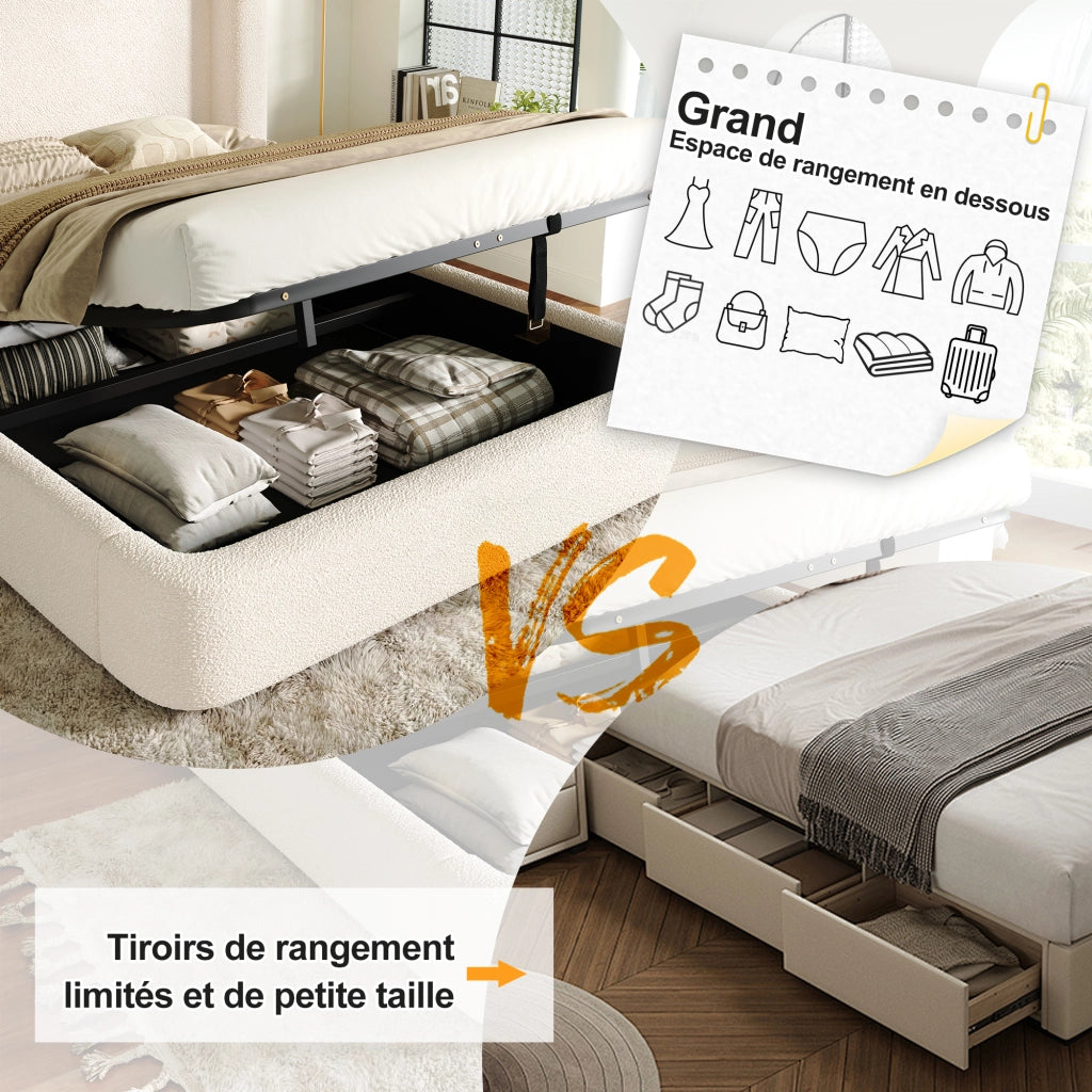 Letto Contenitore 160x200 cm; Letto Matrimoniale con Contenitore in Bouclé Beige