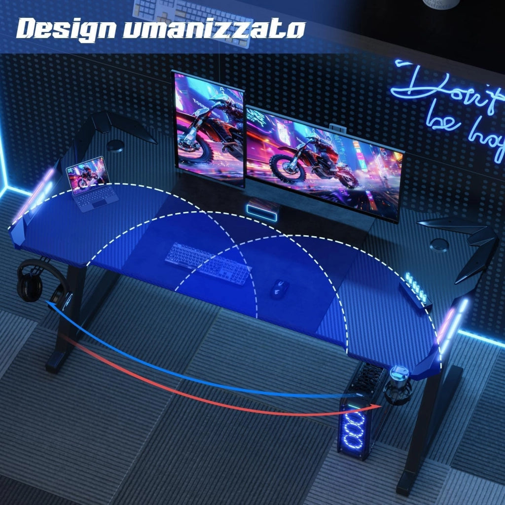 140 x 60cm Scrivania Gaming LED, Tavolo Gaming Ergonomica, Scrivania per Computer con Porta Bicchiere e Ganci per Cuffie, Postazione con Piano del Tavolo in Fibra di Carbonio, Nero