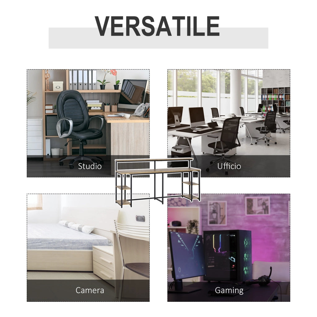 EasyComfort Scrivania Doppia con Scaffali e Mensola per Monitor in Stile Industriale, Scrivania con Libreria Salvaspazio per Ufficio e Studio in Metallo e MDF, 200x53x100cm, Nero Marrone