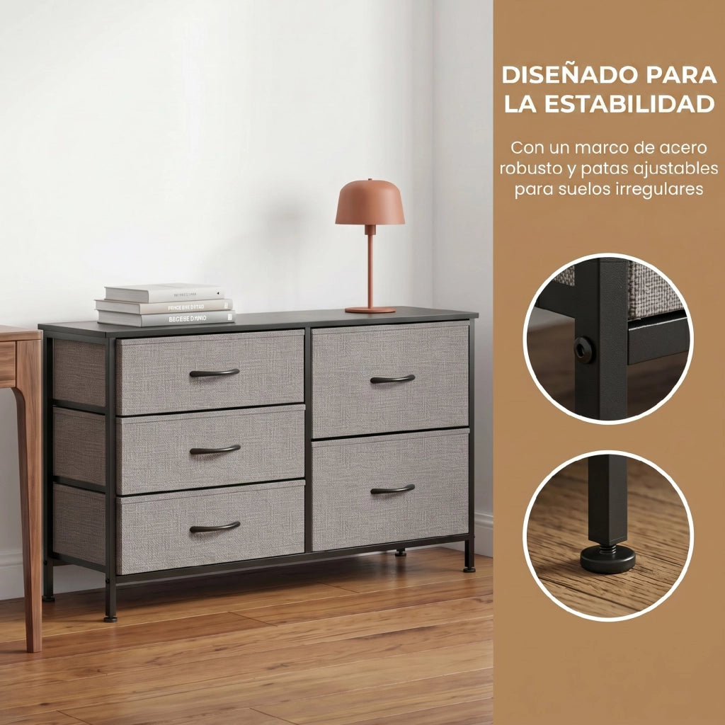 Cassettiera 5 Cassetti Tessuto Grigio Nero ¨C Zephmum ¨C Acciaio 60x40x138