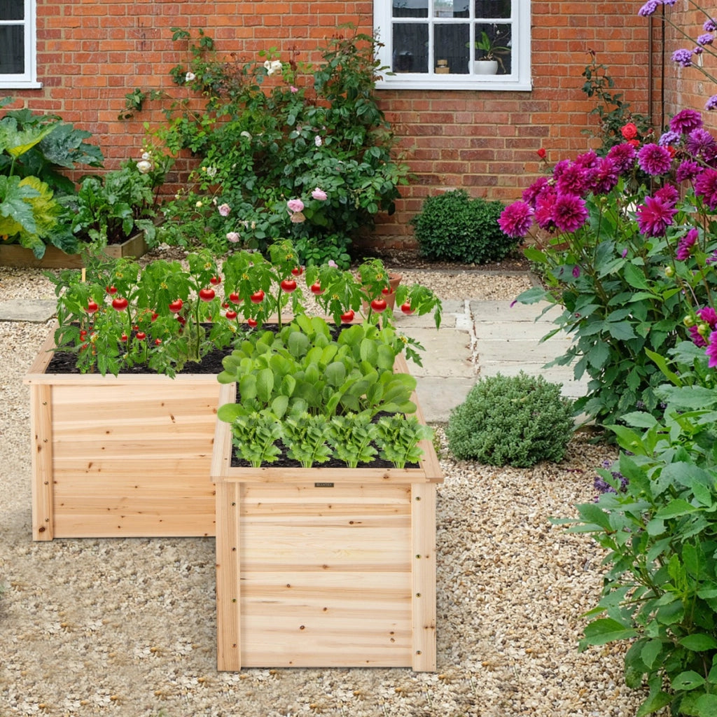 Letto rialzato in legno da giardino con base aperta, Vaso rialzato a forma di L da giardino 120x120x63cm  Naturale-Fioriere