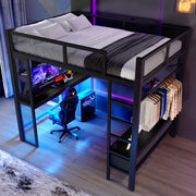 Letto a soppalco 140x200 cm con scrivania; LED e cassetti in metallo e MDF nero