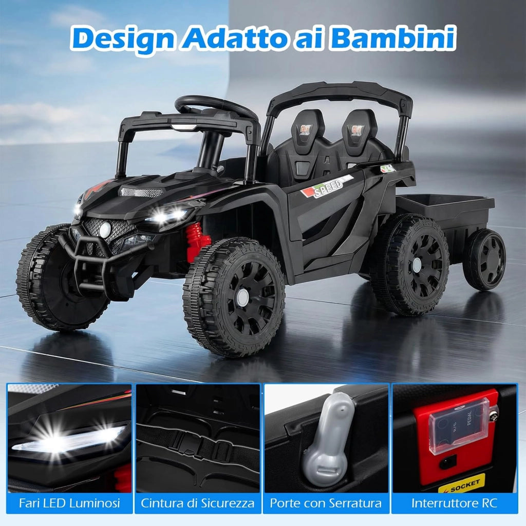Macchina Elettrica per Bambini UTV con Rimorchio Staccabile, 12V Trattore con Telecomando, Sospensioni a Molla, Luci e Musica, Veicolo Elettrico per Bambini 3+ Anni (Nero)