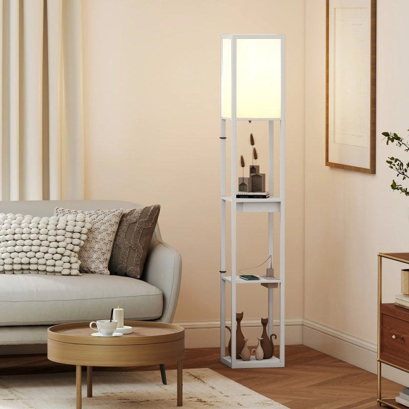 Lampada da terra con ripiano a 3 livelli, interruttore a pedale, porte USB, MDF, bianca