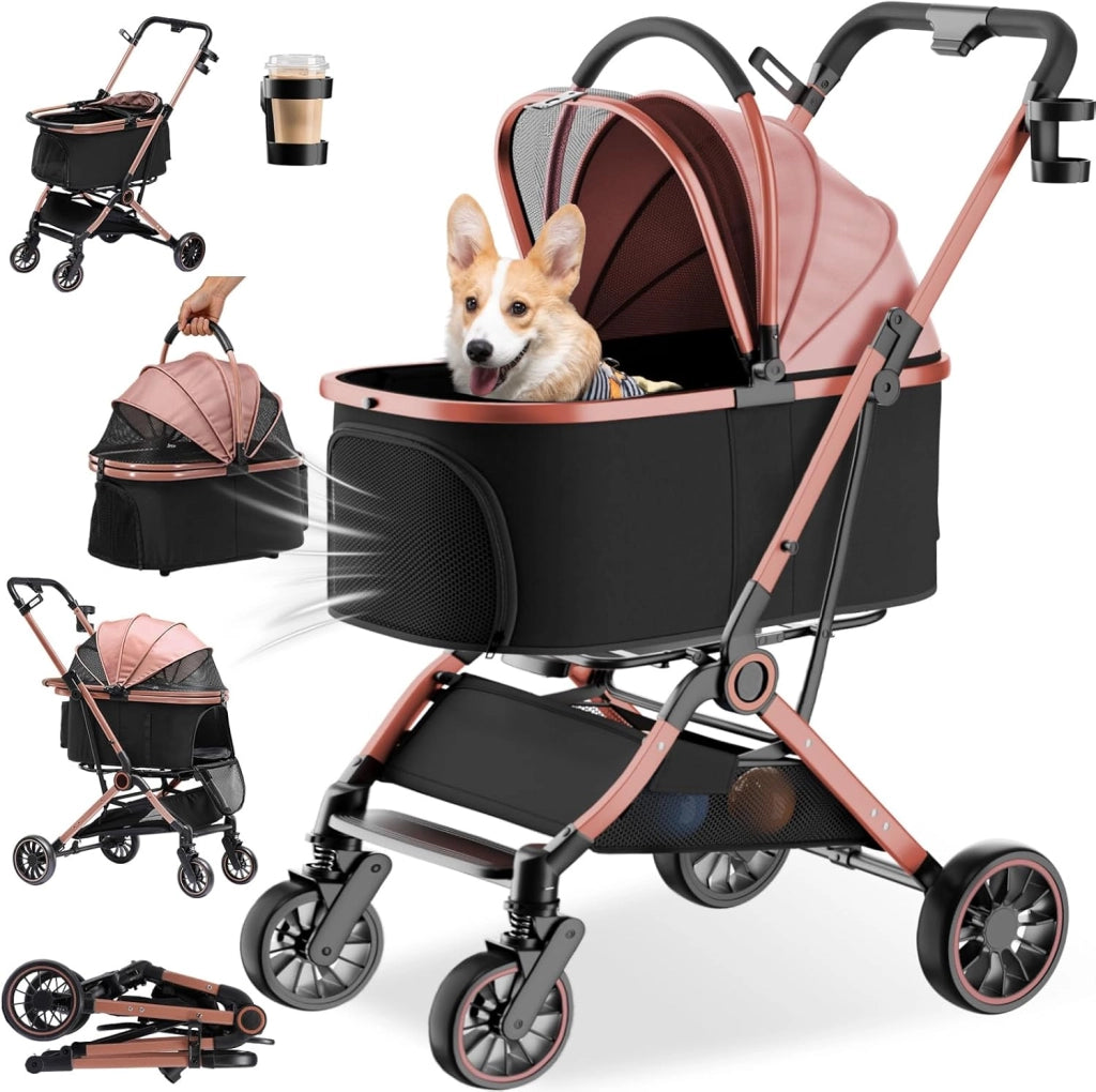 Passeggino per cani pieghevole fino a 25 kg, ruota anteriore in EVA girevole a 360°, 4 in 1, carrello pieghevole per gatti con tenda da sole regolabile a 180° e portabevande, Oro rosa
