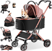 Passeggino per cani pieghevole fino a 25 kg, ruota anteriore in EVA girevole a 360°, 4 in 1, carrello pieghevole per gatti con tenda da sole regolabile a 180° e portabevande, Oro rosa