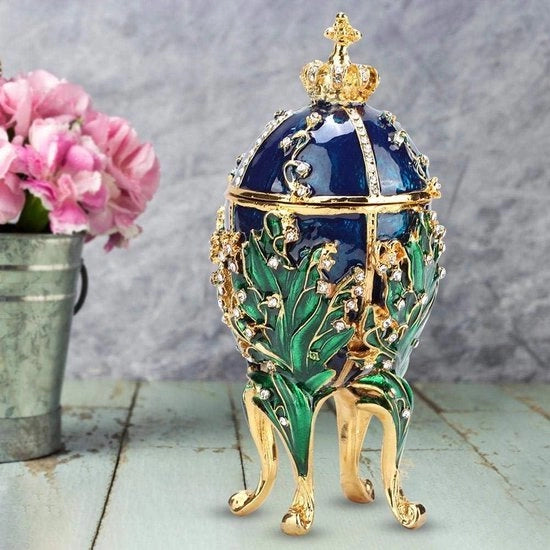 Scatola per decorare uova Fabergé a forma di uovo - Stile artigianale russo - Regalo di compleanno, matrimonio, Natale - Blu.