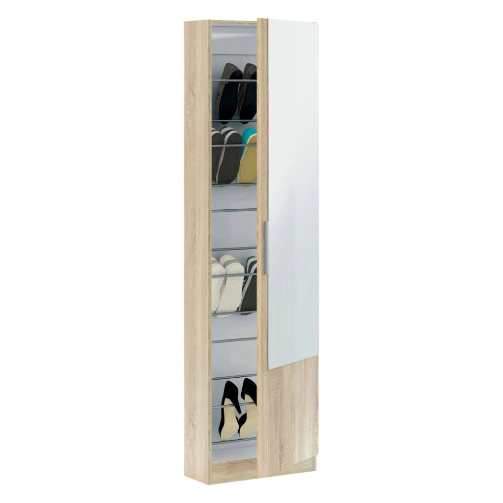 Scarpiera Euro, Armadio portascarpe alta a 1 anta, Mobile portascarpe moderno, Armadio da ingresso con specchio, cm 50x22h180, Rovere
